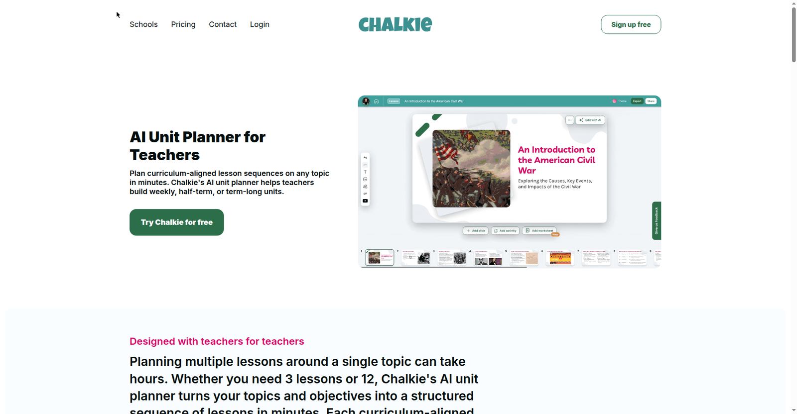 Chalkie's AI unit planner page showing curriculum-aligned lesson sequences for weekly, half-term, or term-long units