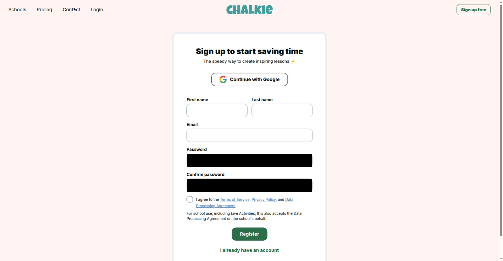 Chalkie's signup form requiring full name, email, password, role, and country before any free use