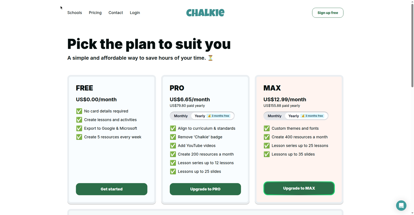 Chalkie's pricing page showing the free plan's 5 resources per week and Pro at $6.65 per month