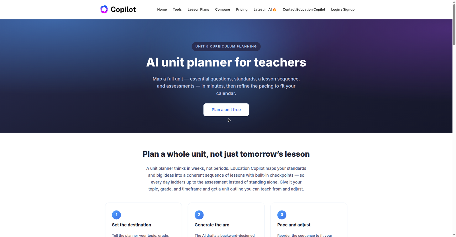 Education Copilot's AI unit planner page describing its three-step unit workflow