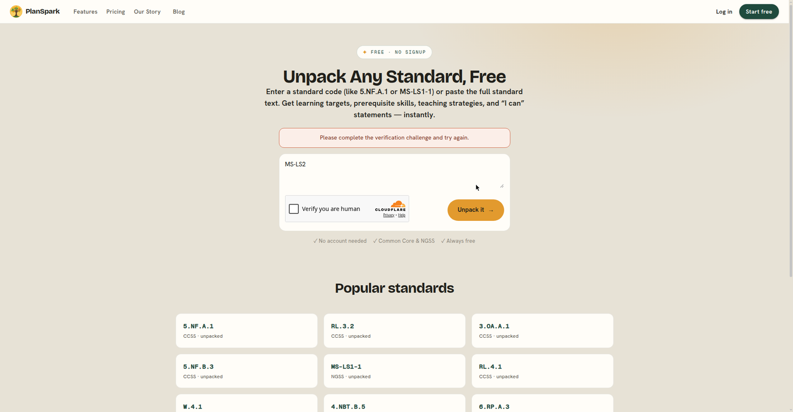 PlanSpark's free Standards Unpacker page showing a failed human-verification check