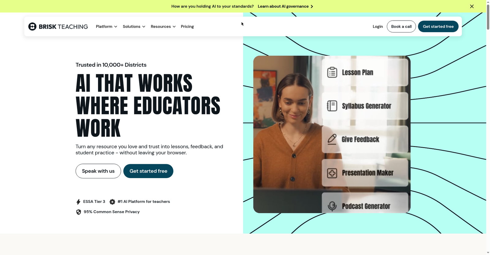 Brisk Teaching homepage showing its AI tools working inside Google Docs