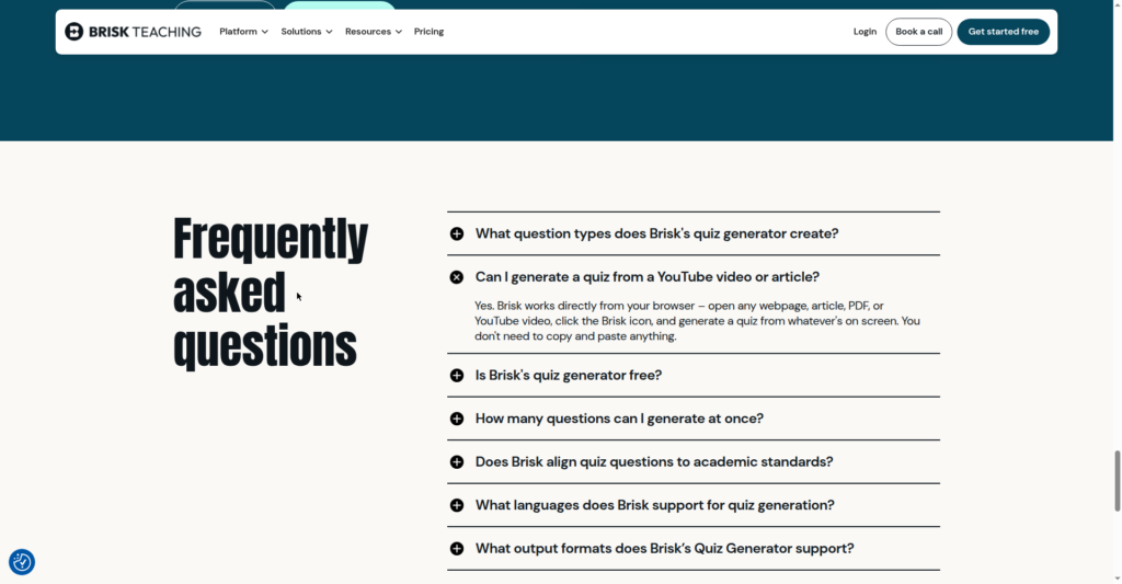 Brisk Teaching's quiz generator FAQ page confirming a quiz can be generated directly from a YouTube video through the browser extension, with no copy-paste needed