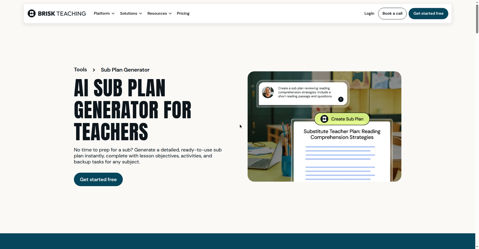 Brisk Teaching's AI Sub Plan Generator page for teachers — dedicated sub-plan tool with free-for-teachers positioning
