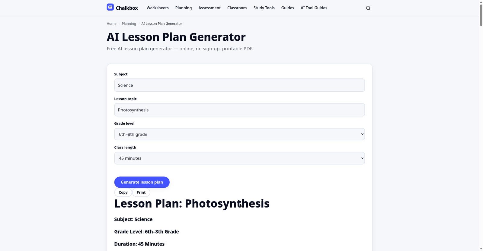Lesson plan generated by Chalkbox for 7th grade photosynthesis — objectives, materials, timed activities, assessment, and differentiation sections
