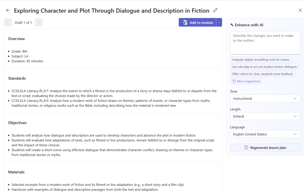 Copilot's lesson-plan draft with Enhance with AI panel (official product image)