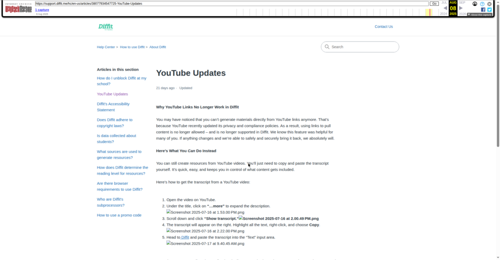 Diffit's official YouTube Updates support article explaining that direct YouTube links no longer work, with the manual transcript copy-and-paste workaround