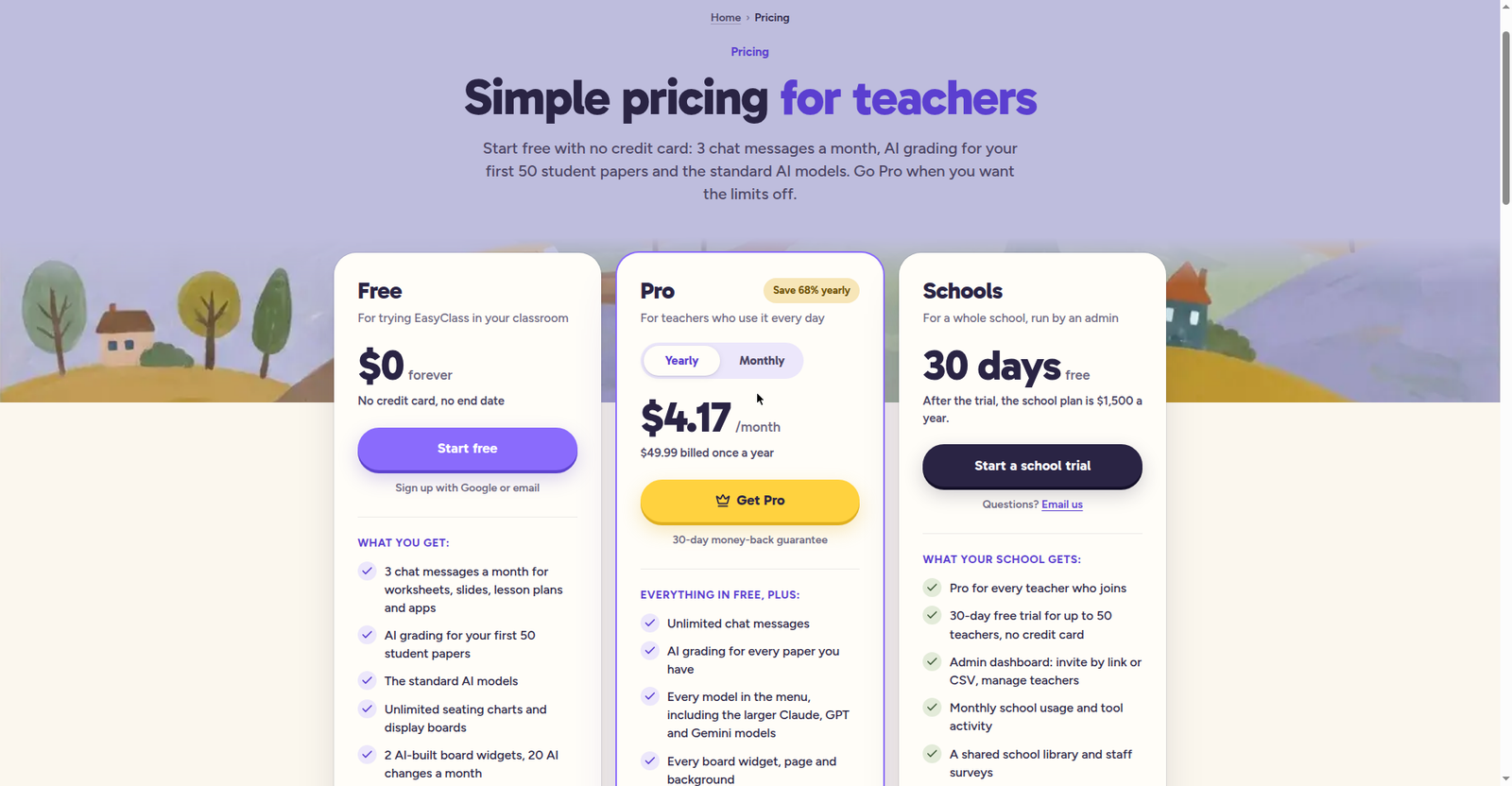 EasyClass pricing page in October 2026 — the free plan includes 3 chat messages per month, with Pro at $4.17 per month billed yearly