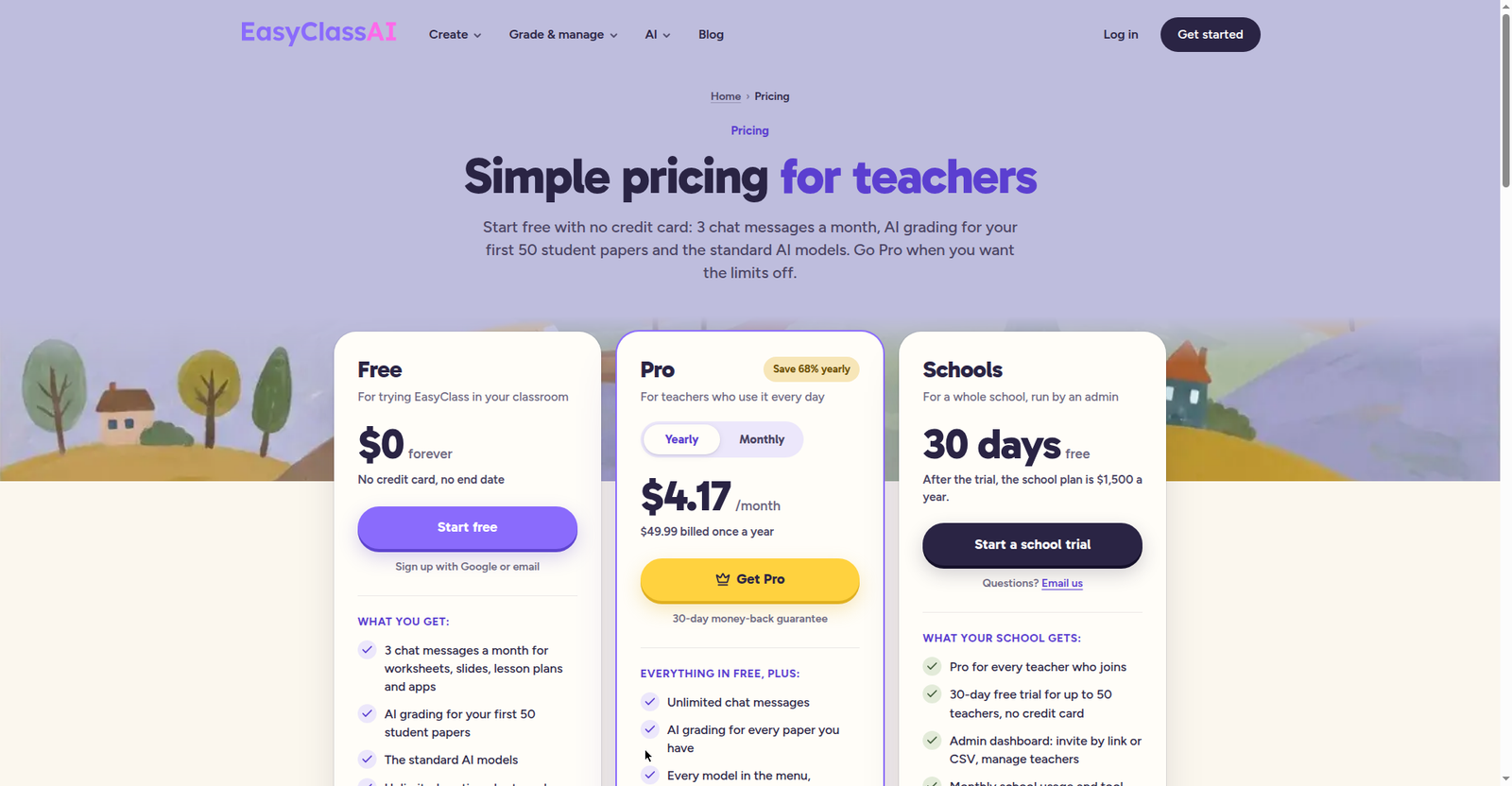 EasyClass pricing page in October 2026 — the free plan requires sign-up with Google or email, and the advertised no-sign-up generator page no longer exists