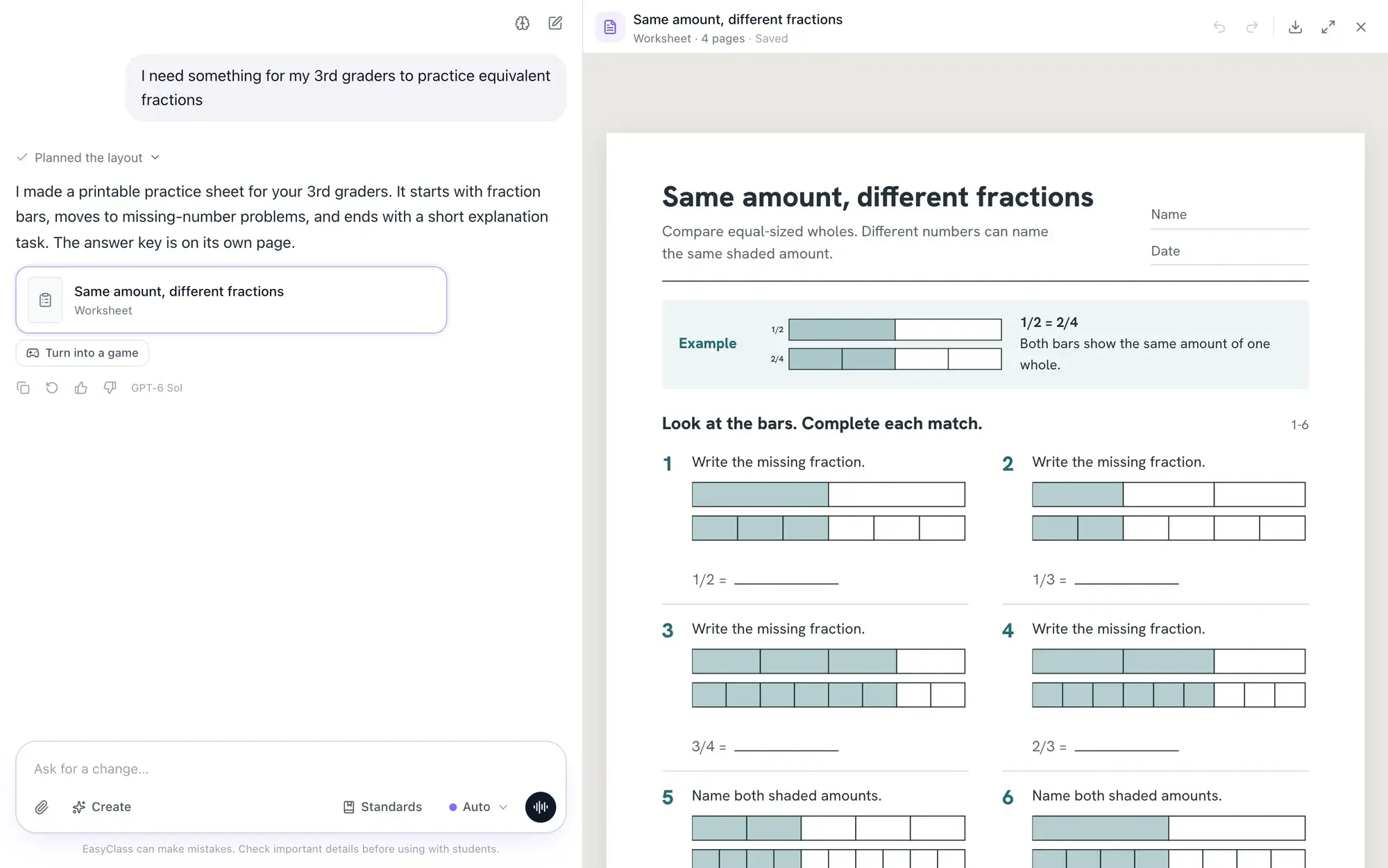 EasyClass AI chat and canvas building a fractions worksheet with fraction-bar visuals and an answer key (official product image)