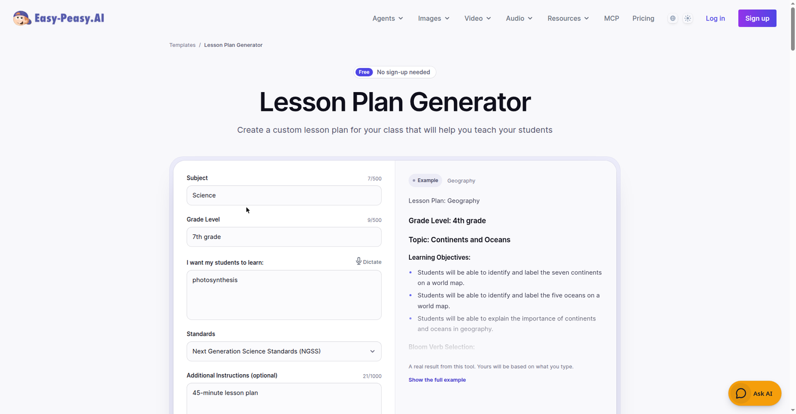 Easy-Peasy.AI lesson plan generator page showing the 'Free / No sign-up needed' badge with the test form filled in