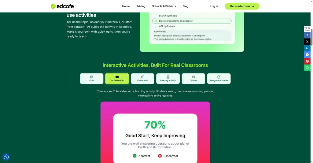 EdCafe's homepage showing its YouTube Quiz feature, which turns any YouTube video into an activity where students watch and then answer