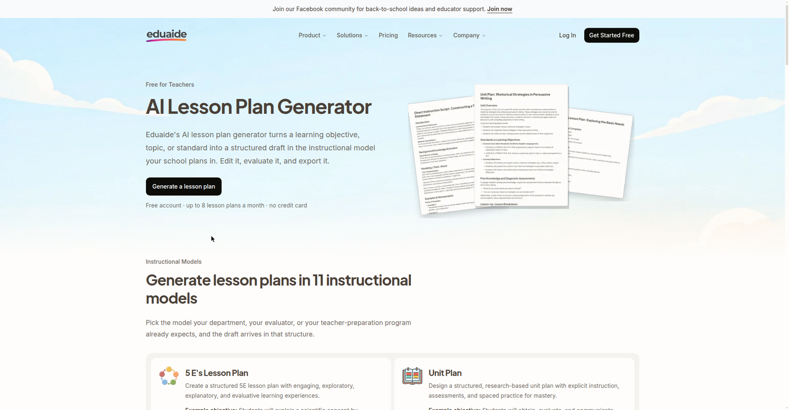 Eduaide's lesson plan generator page showing its free-tier limits