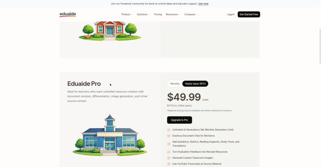 Eduaide's Pro pricing page at $49.99 per year, listing 'Use YouTube Transcripts as Source Material' as a Pro-only feature
