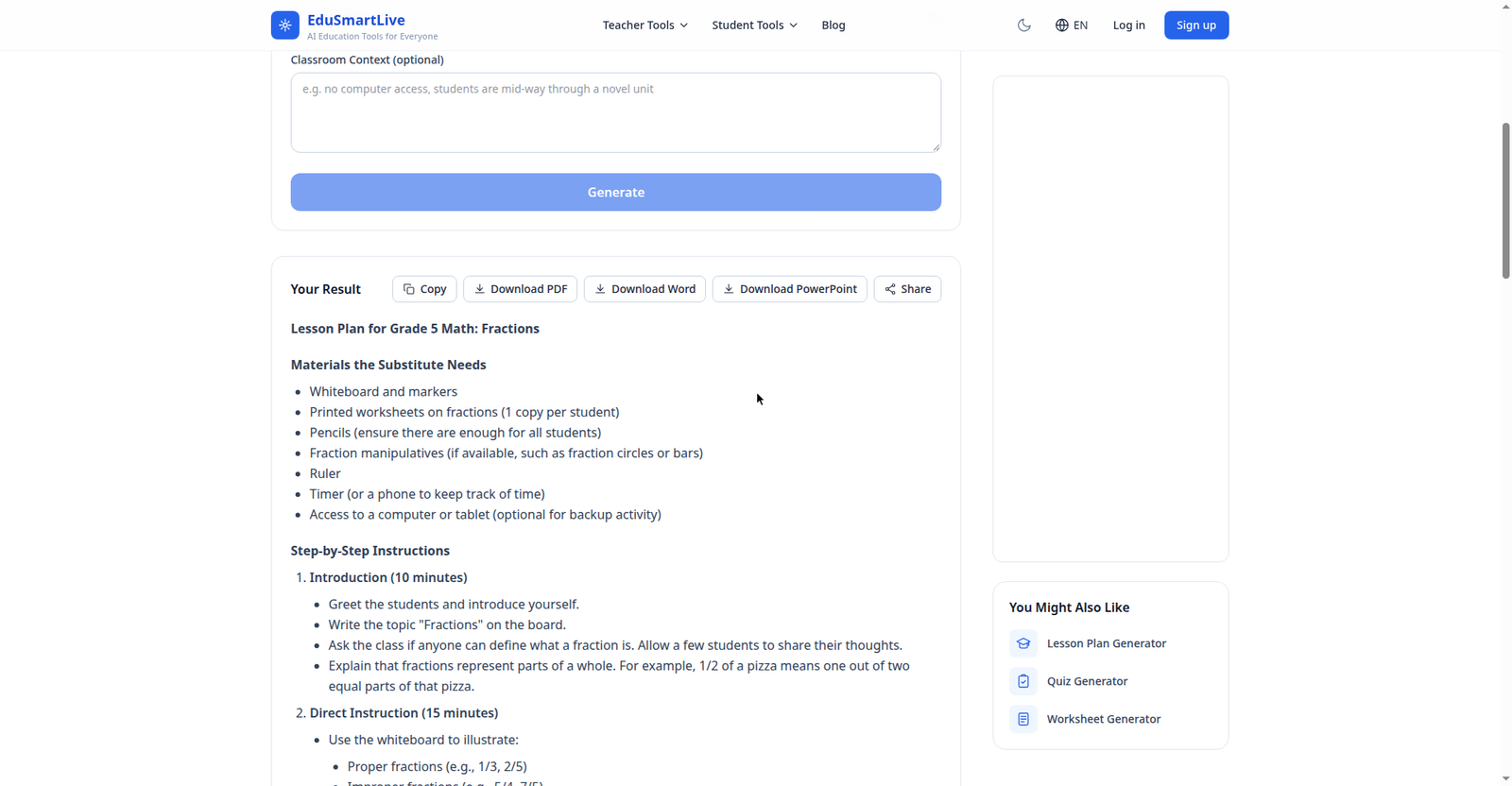 EduSmartLive's generated Grade 5 fractions sub plan — materials list, timed teaching steps, and substitute notes, with PDF, Word, PowerPoint and share export buttons