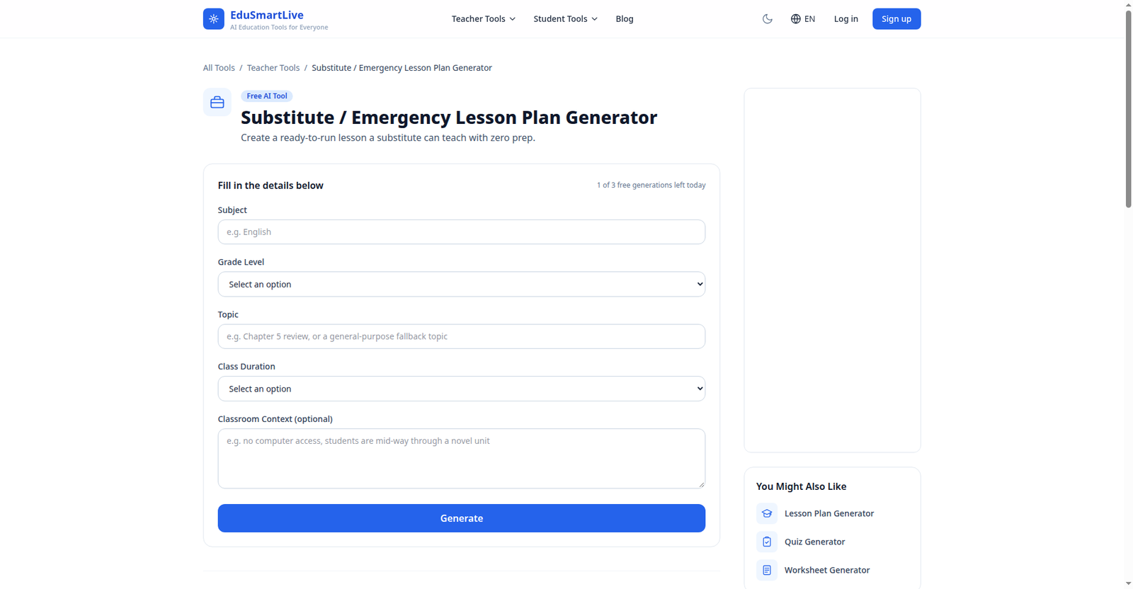 EduSmartLive's free substitute plan generator form showing subject, grade, topic and duration inputs with 1 of 3 free generations left