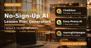 No-sign-up AI lesson plan generators tested in 2026 — Chalkbox, Easy-Peasy.AI, and myenglishpages cards over a warm classroom background