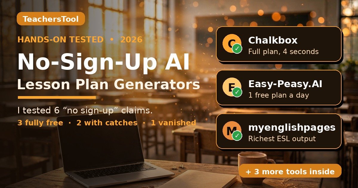 No-sign-up AI lesson plan generators tested in 2026 — Chalkbox, Easy-Peasy.AI, and myenglishpages cards over a warm classroom background