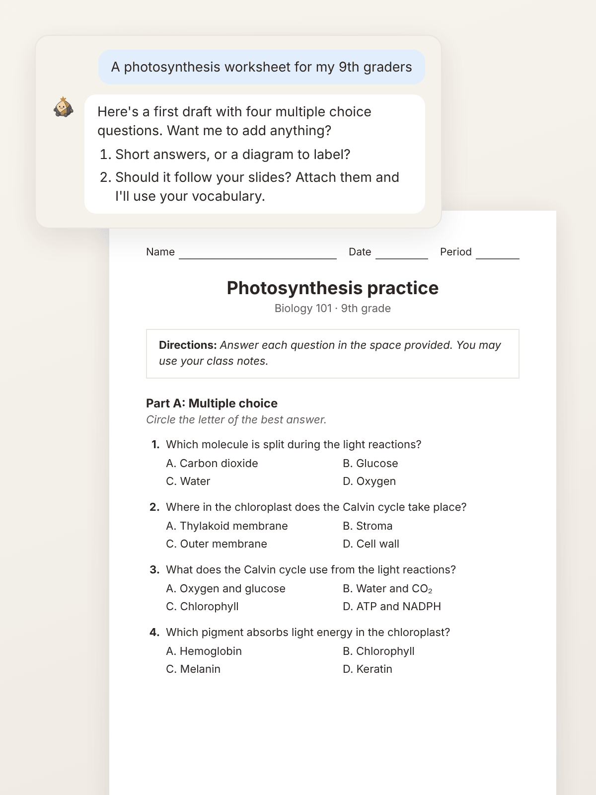 Flint's Sparky AI chat generating a photosynthesis worksheet with multiple-choice questions (official product image)