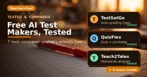 Free AI test makers for teachers, tested — sunset-orange hero with TestSetGo, QuizFlex and Teach2Tales cards
