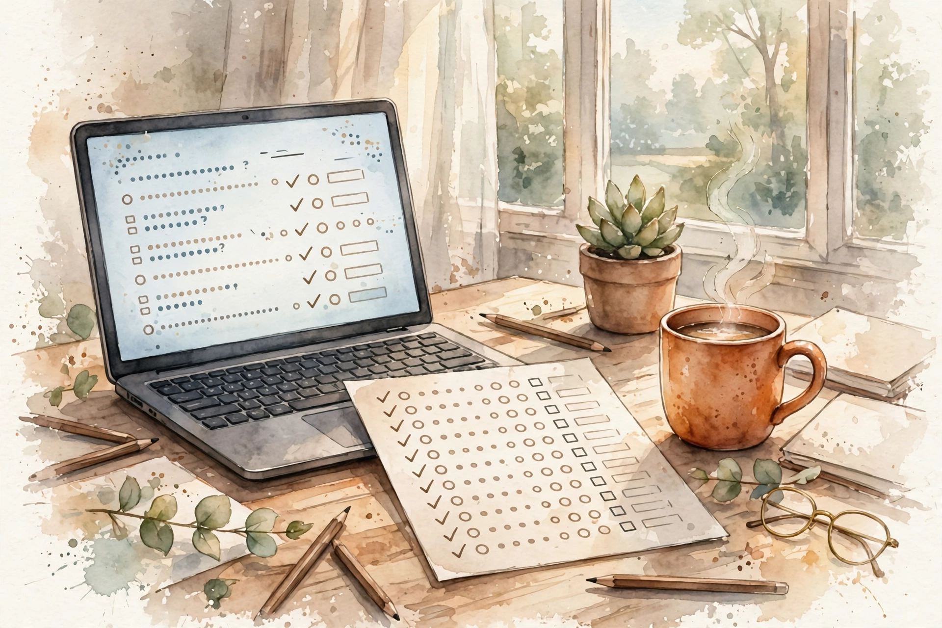 Illustration of a teacher's desk with a laptop showing generated quiz questions and a printed answer key