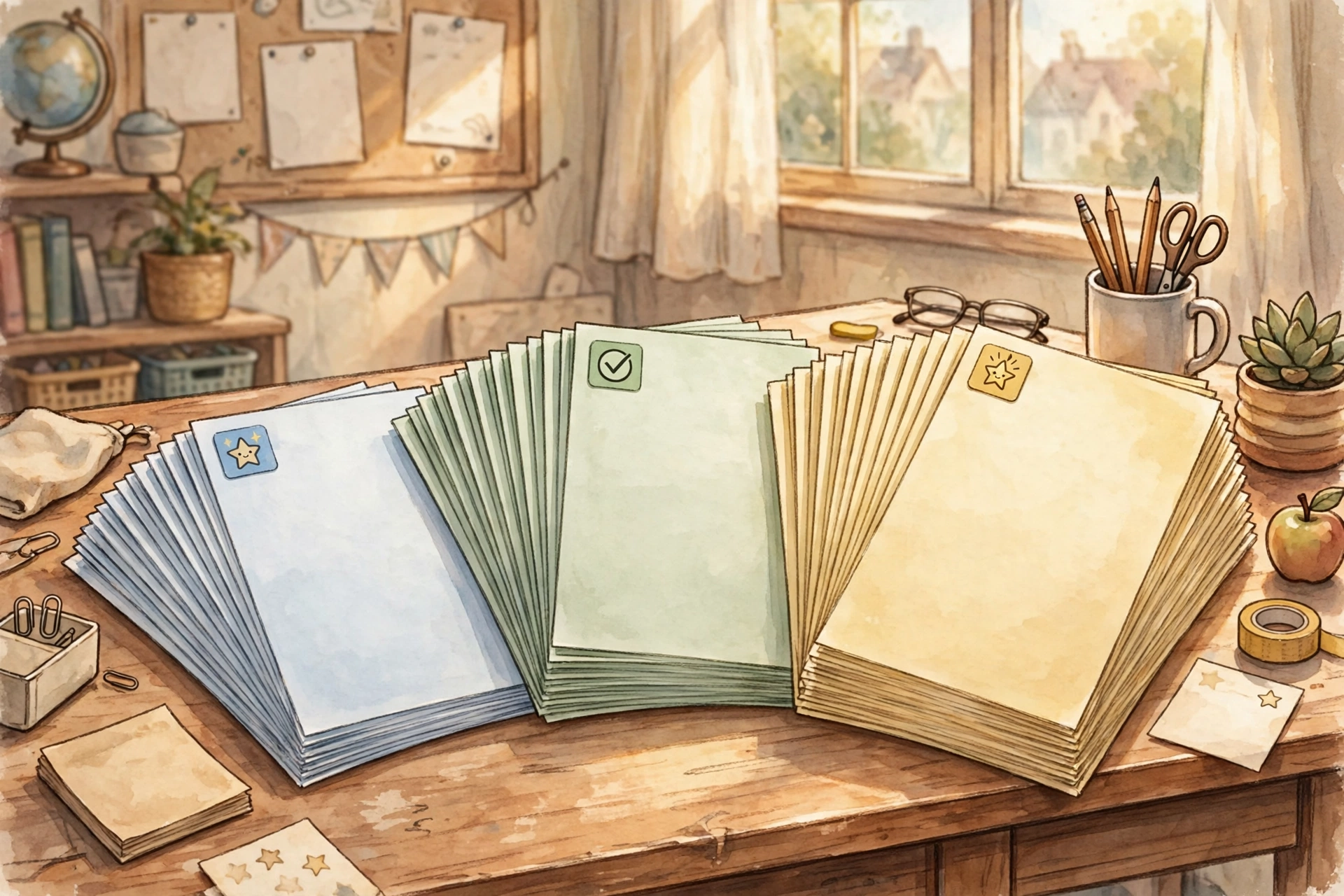 Illustration of leveled reading passages adapted for different reading levels on a teacher's desk