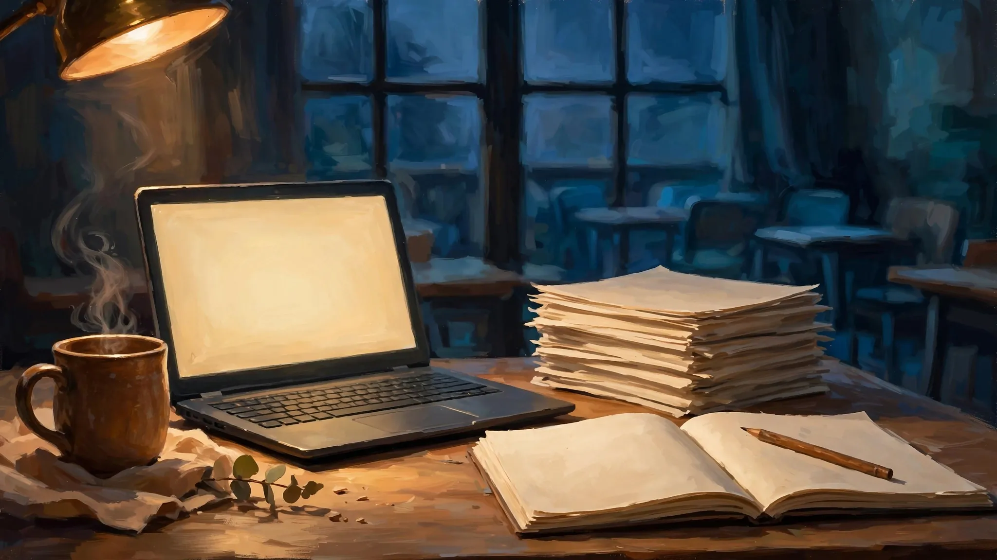 Illustration of a teacher planning lessons at a warmly lit desk late in the evening