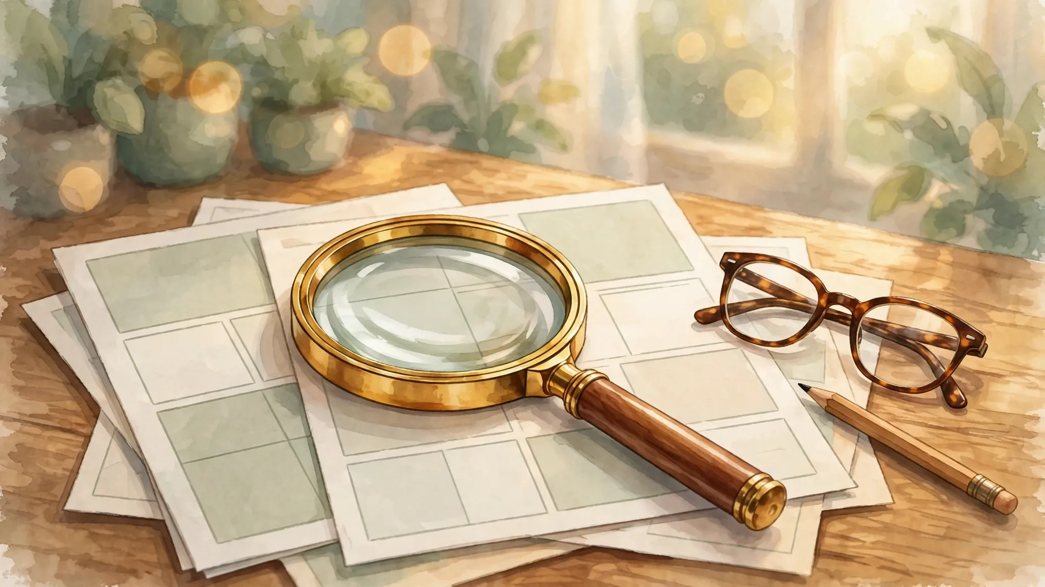 Illustration of a magnifying glass over printed comparison sheets on a teacher's desk