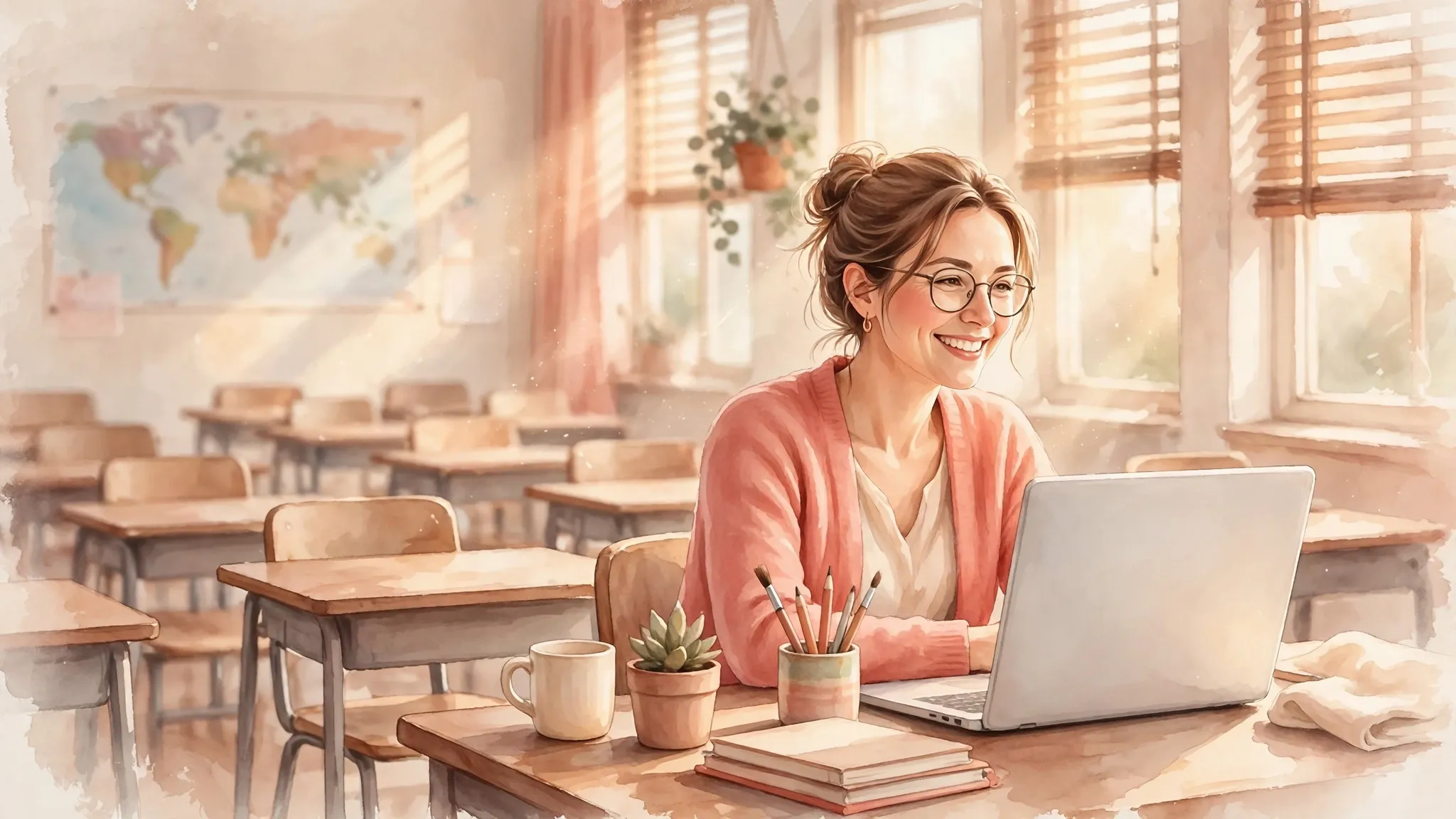 Illustration of a smiling teacher with a laptop in a bright classroom
