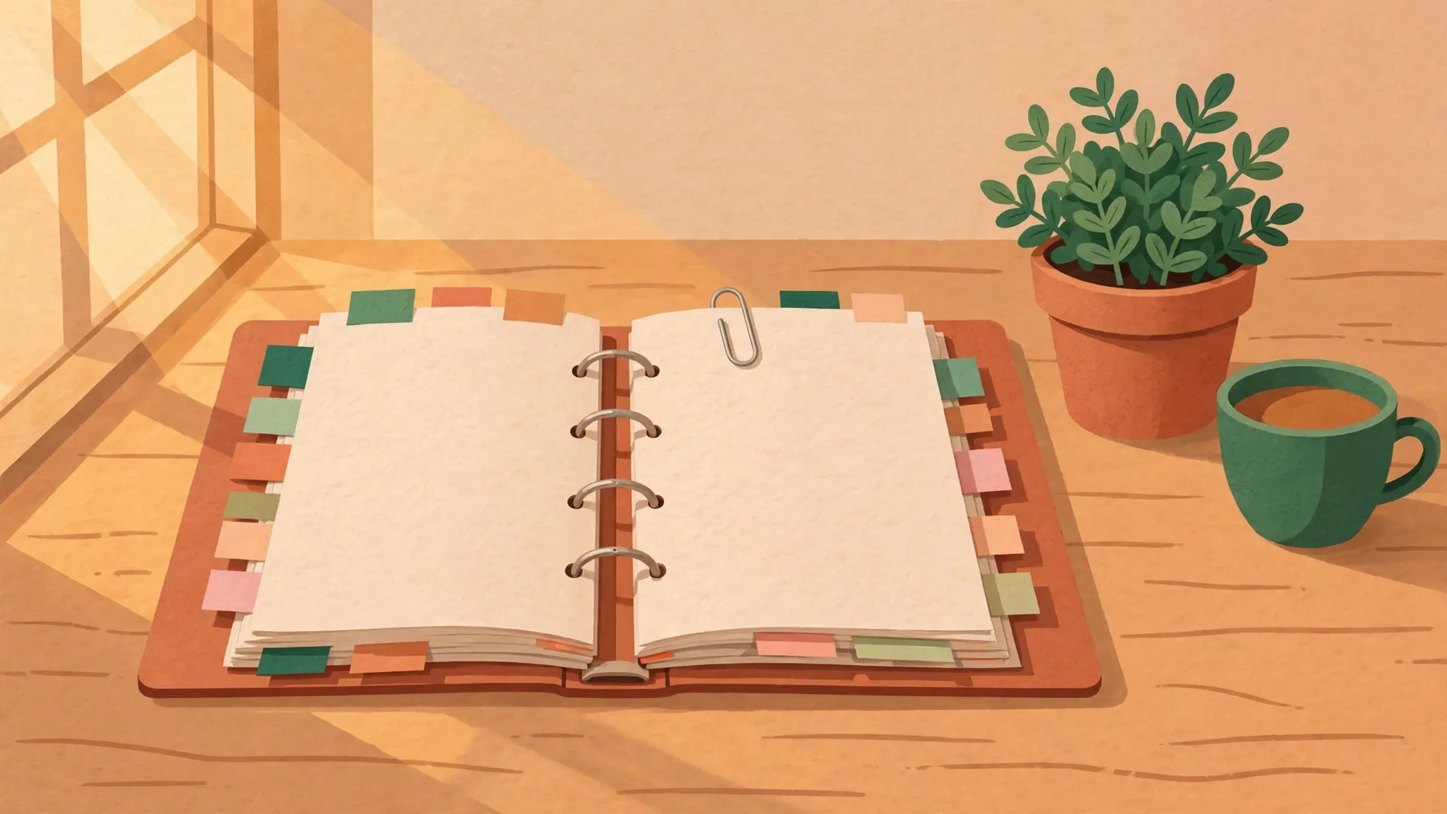 Illustration of an open planner binder with sticky tabs and lesson pages on a desk