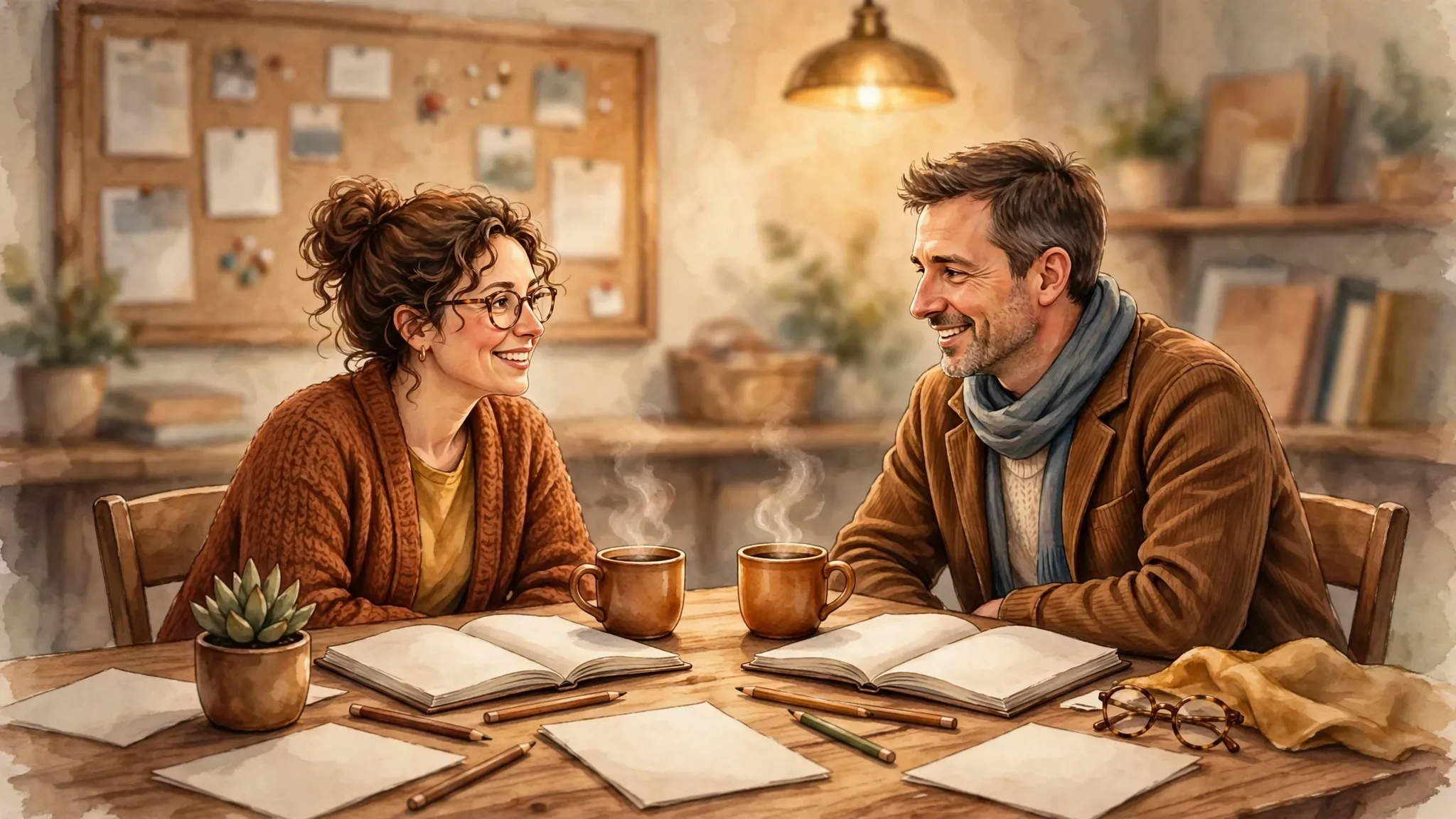 Illustration of two teachers chatting over lesson planners in a school staff room