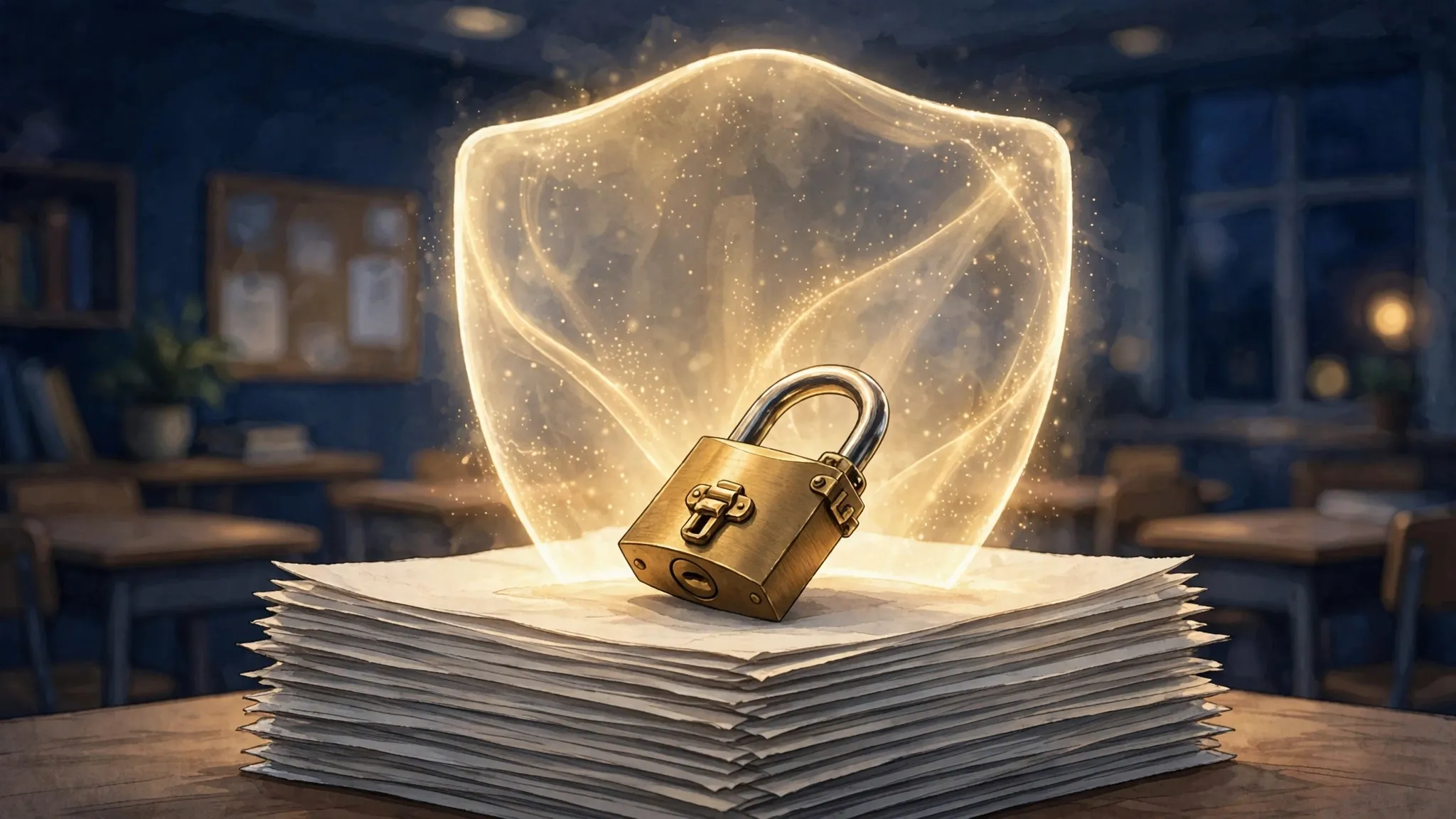 Illustration of a padlock resting on document pages with a glowing shield behind it