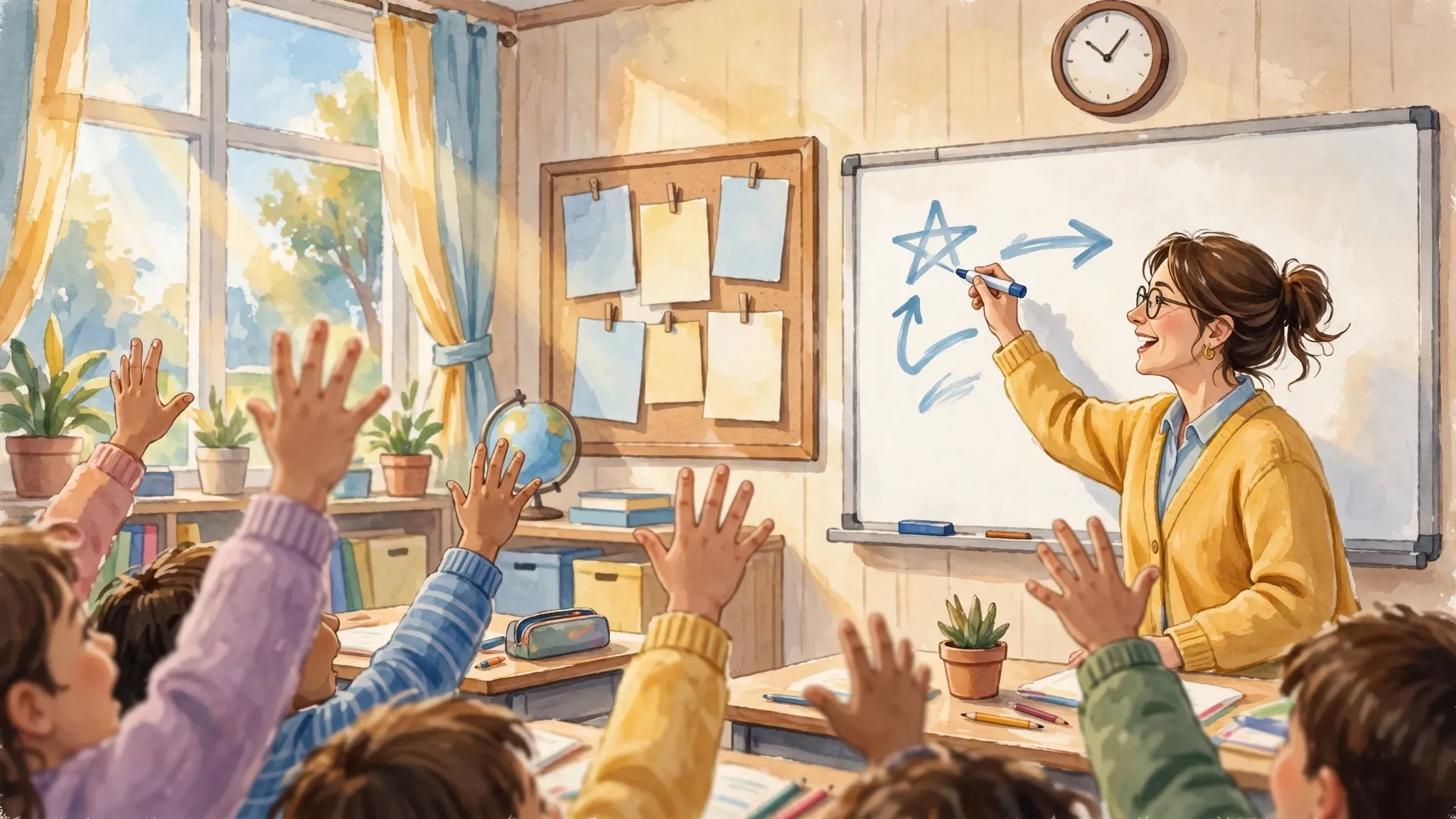 Illustration of a teacher at a whiteboard with students raising their hands