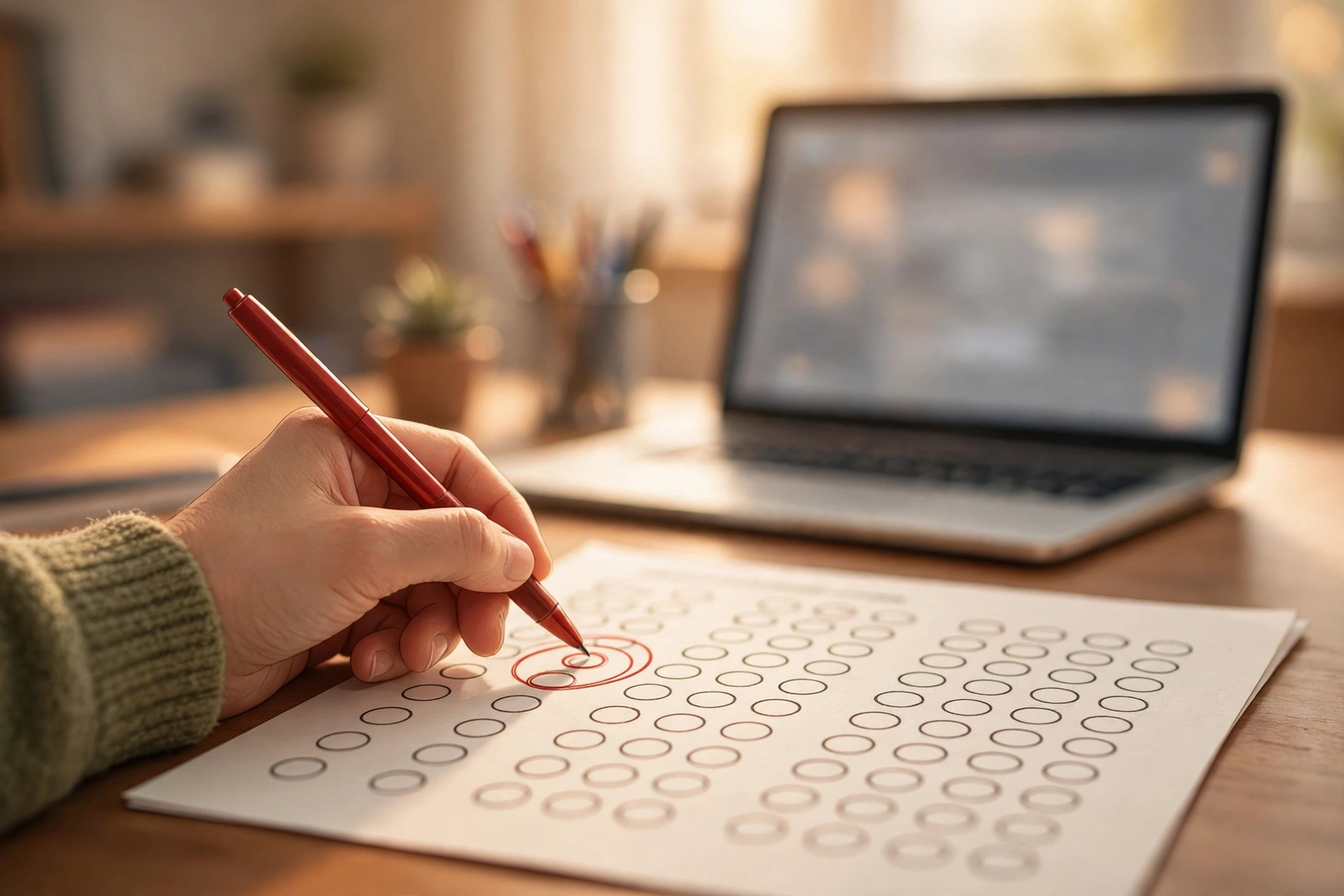 Illustration of a teacher proofreading an AI-generated quiz with a red pen