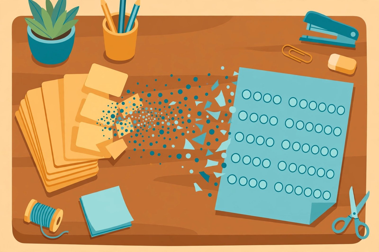 Illustration of a teacher generating a printable vocabulary quiz with AI