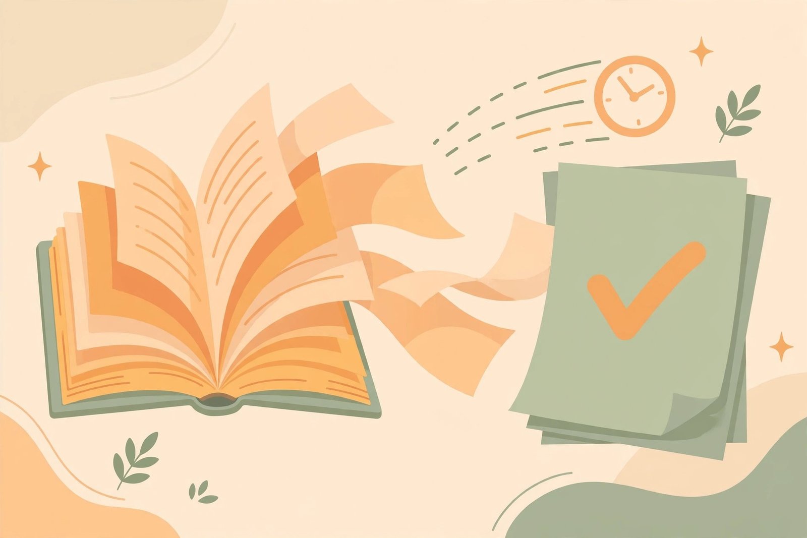 Illustration of a teacher's 15-minute workflow turning a textbook chapter into a finished test