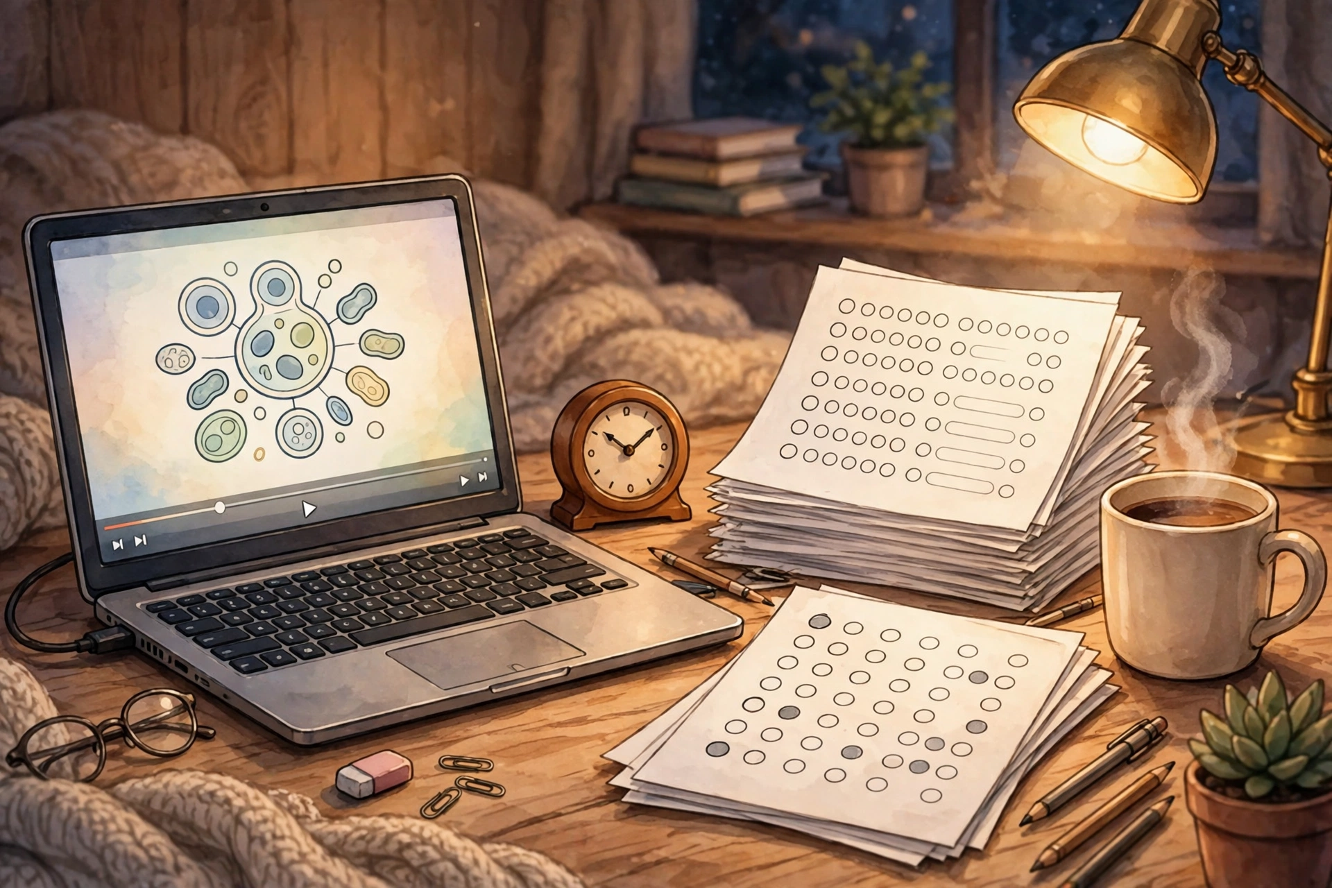 Illustration of a teacher's evening desk with a laptop, clock, and printed quiz papers