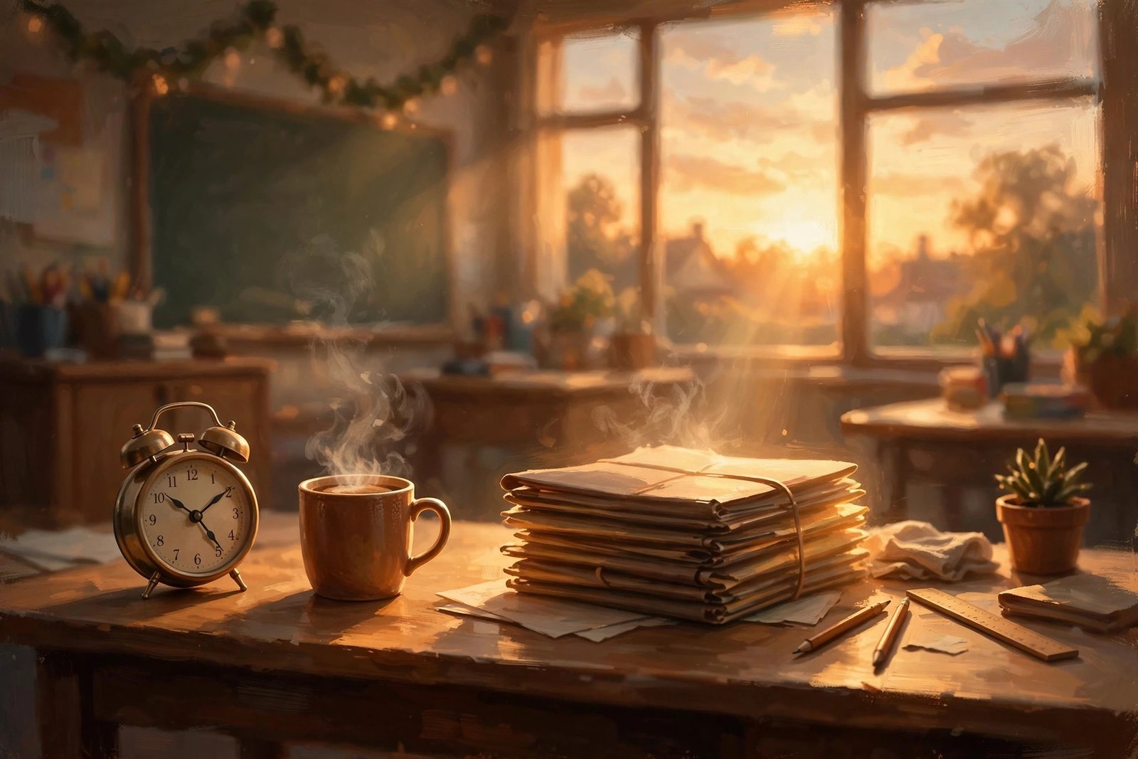 Illustration of a teacher's desk at dawn — an alarm clock, steaming coffee, and a stack of emergency sub-plan folders in warm sunrise light