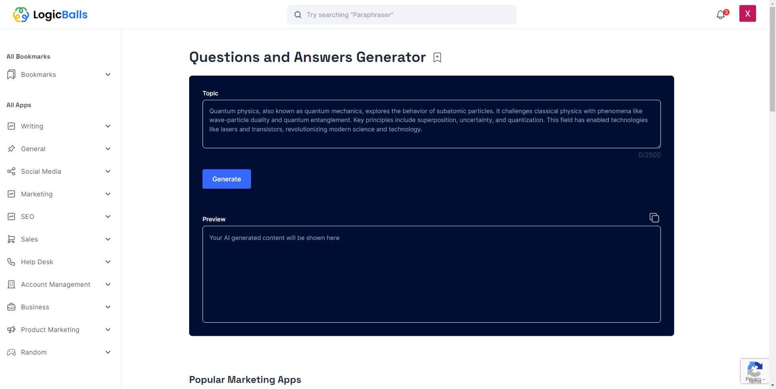 LogicBalls' question-answer tool interface (screenshot from a third-party review)