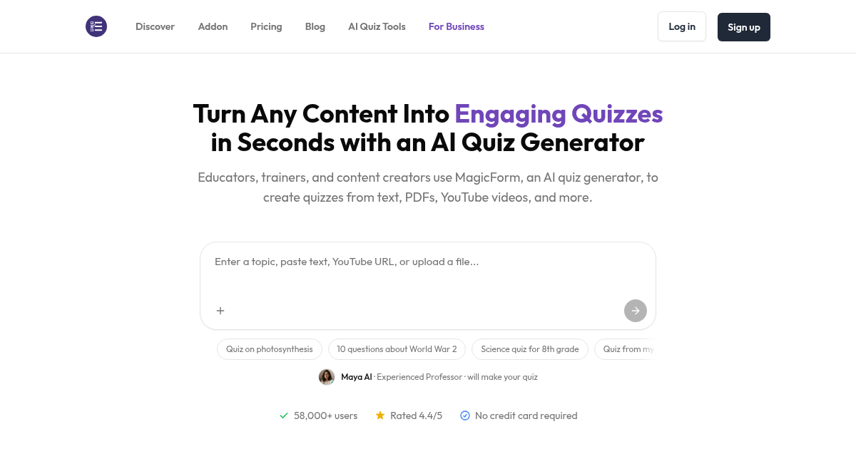 Screenshot of MagicForm's official homepage showing its quiz generator input