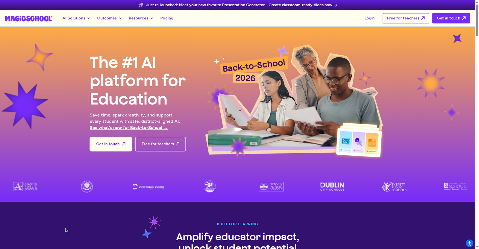 MagicSchool homepage showing its AI tools for teachers