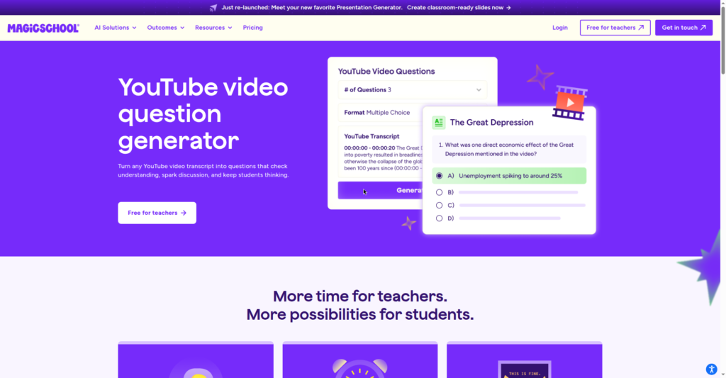MagicSchool's YouTube Video Questions tool page showing the transcript input, question count and format selectors, and a sample generated multiple-choice question