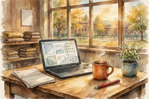 Teacher's desk with laptop showing a lesson plan and a school district AI policy memo — illustration for a guide to 2026 school AI bans
