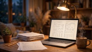 Does AI lesson planning work? A teacher's desk in the evening with a laptop showing a lesson plan — the Sunday-night planning session AI tools promise to shorten