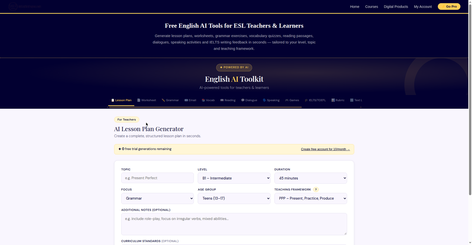 myenglishpages English AI Toolkit showing 0 free trial generations remaining with a create-free-account prompt