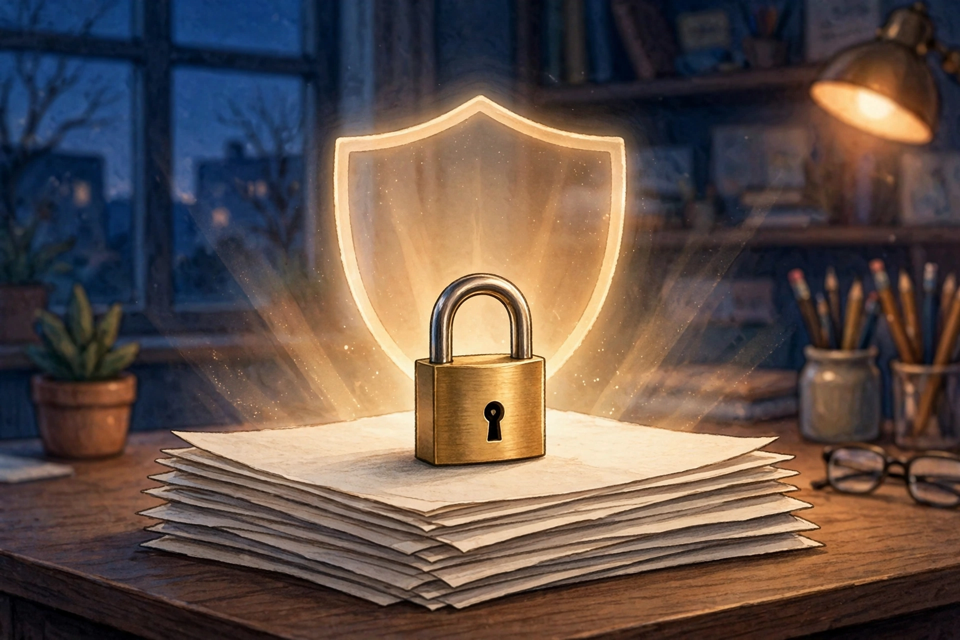 Illustration of a padlock resting on document pages with a soft glowing shield behind them