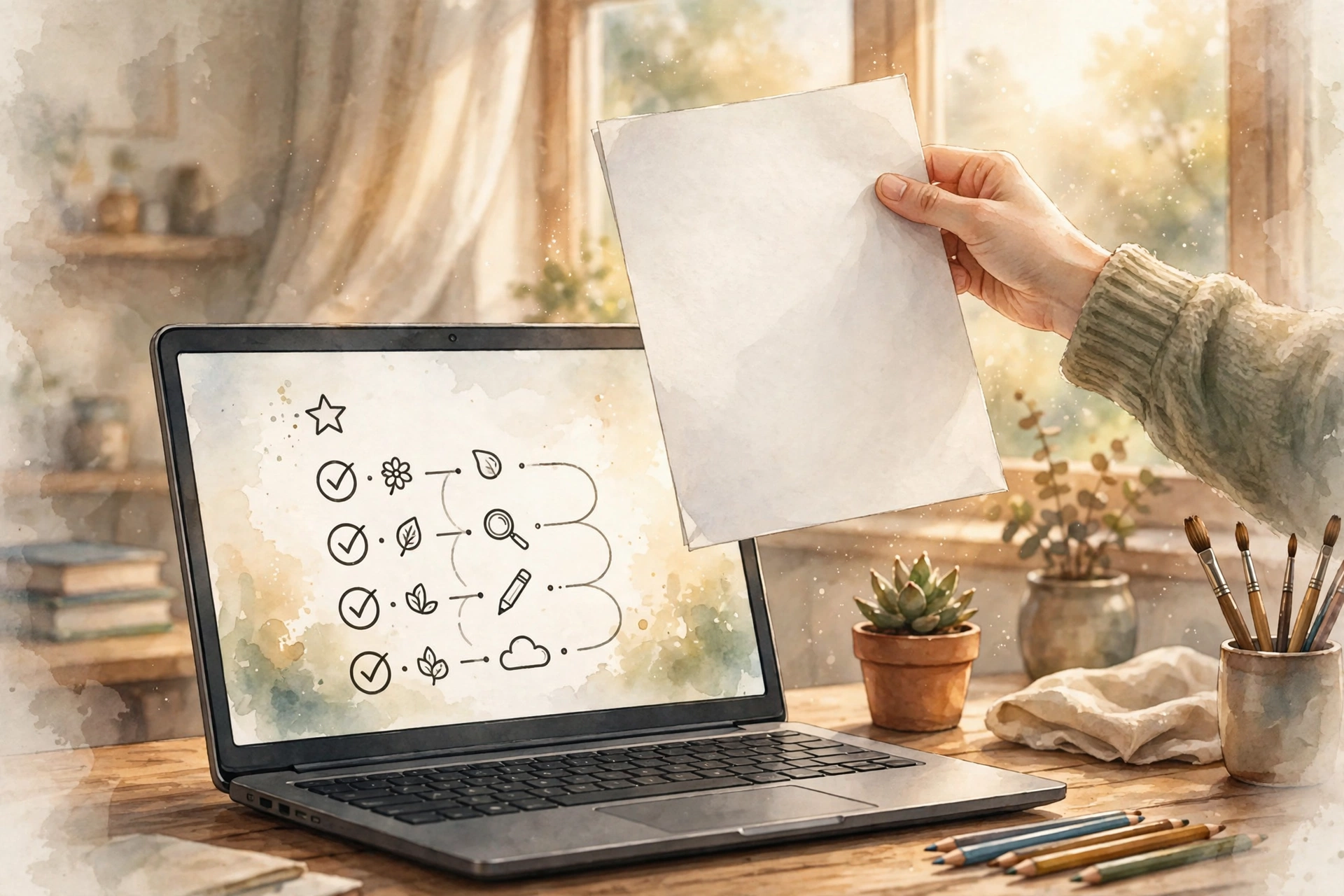 Illustration of a teacher holding a printed PDF page over a laptop showing a lesson plan outline, warm morning light