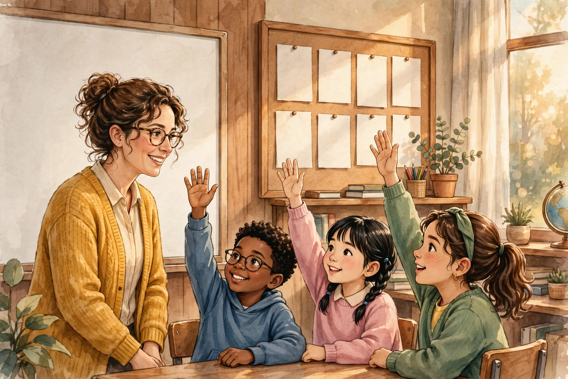 Illustration of a teacher at a whiteboard with students raising hands, lesson papers pinned nearby