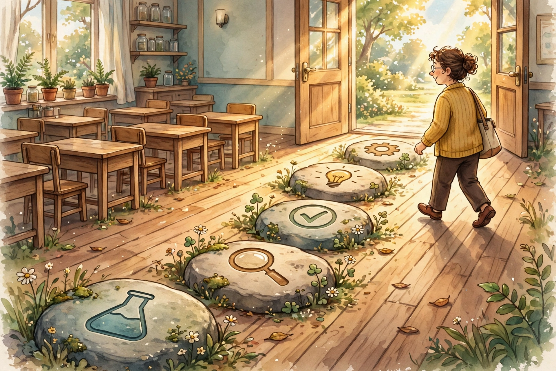 Illustration of five stepping stones leading to a sunlit door, representing a lesson workflow