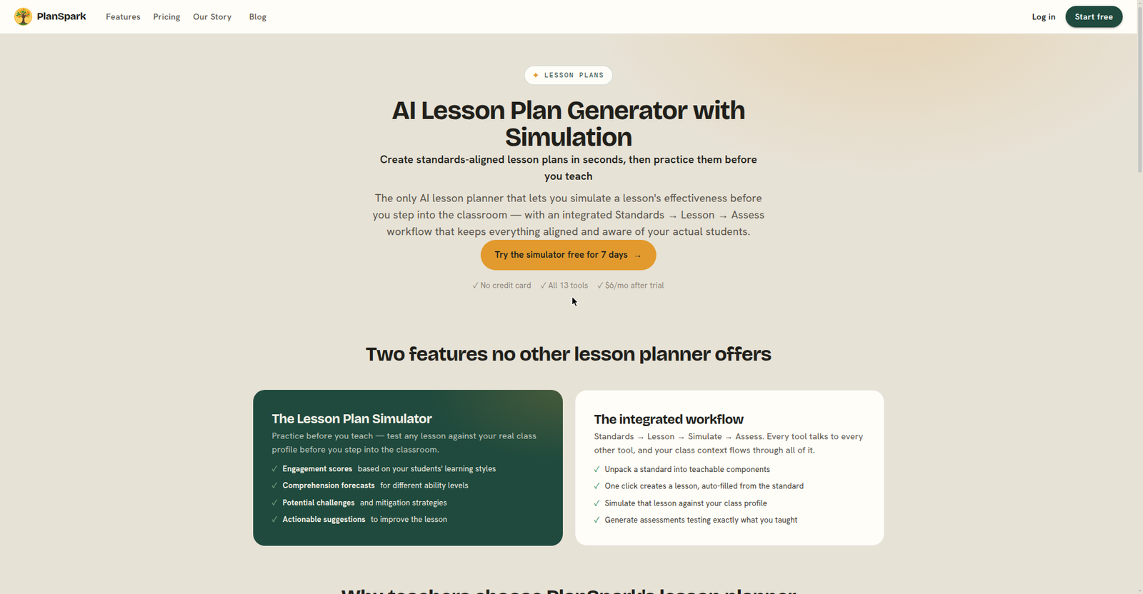PlanSpark's lesson plan generator page showing the 7-day free trial, no credit card, and $6 per month after trial
